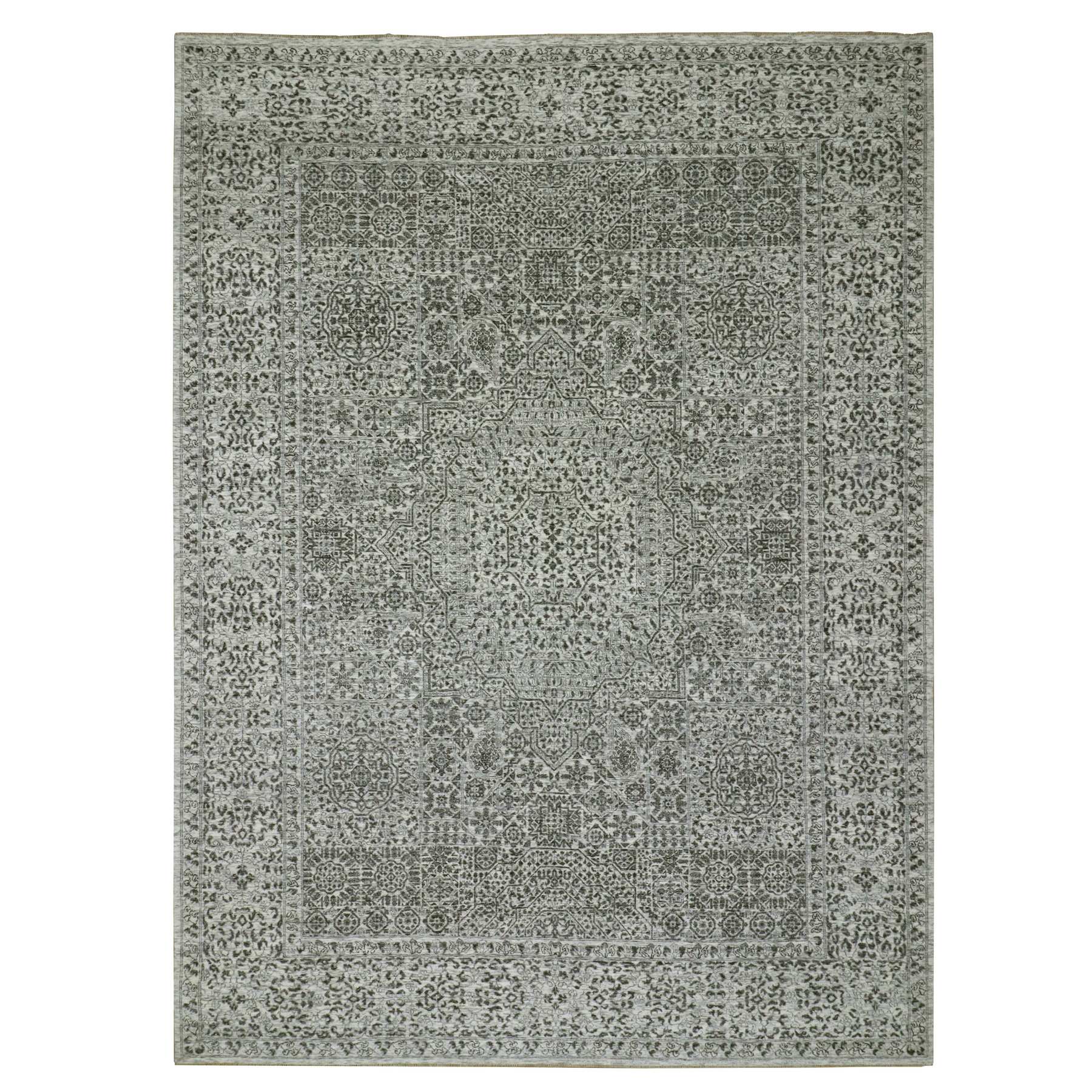 9'x12'2" Diamond White, Mamluk Dynasty Pattern, Tone on Tone, Undyed Vibrant Wool, Hand Knotted, Oriental Rug 